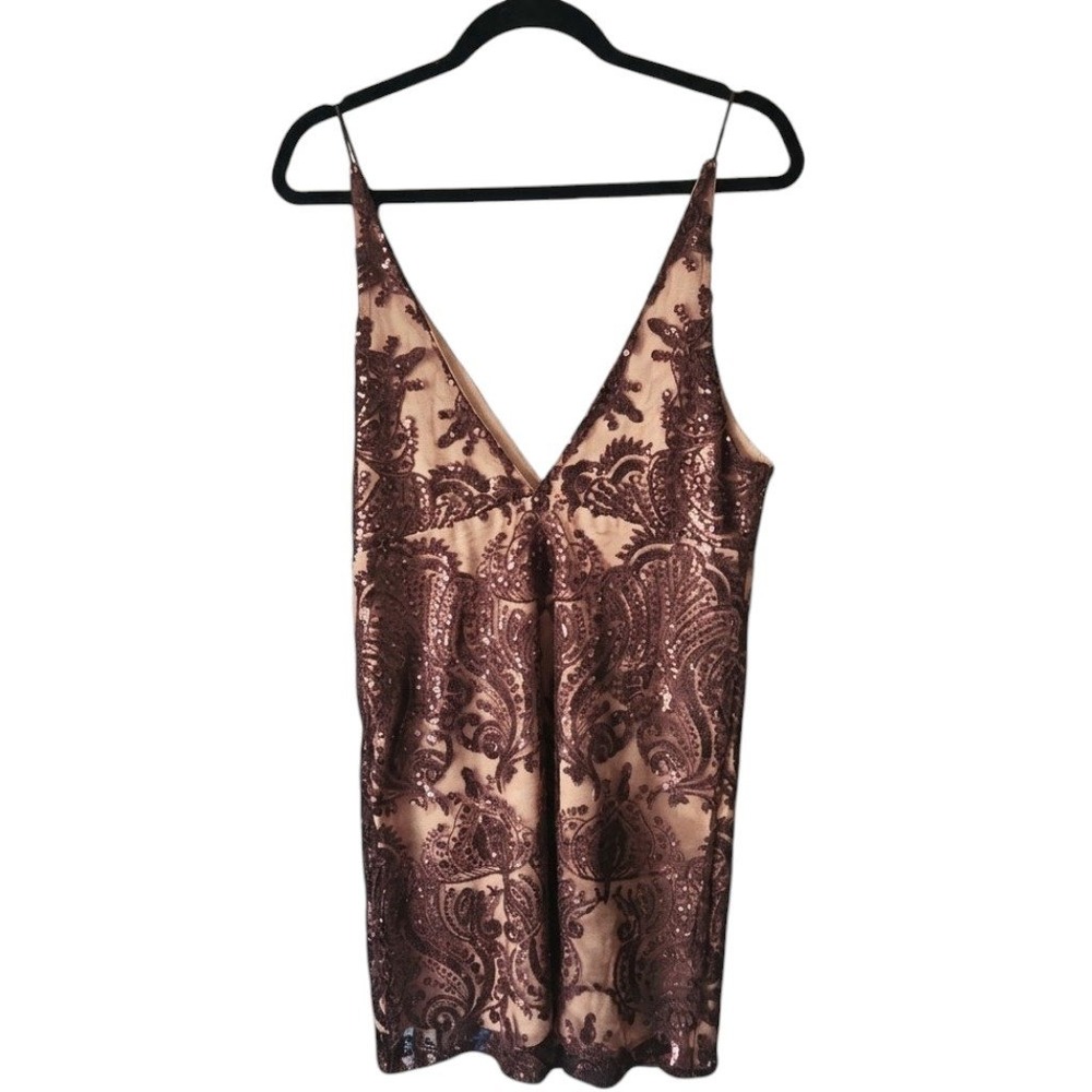 FREE PEOPLE Night Shimmers Mini Dress Size 12 Embroidered Sequin Slip Brown $108 - Picture 4 of 8
